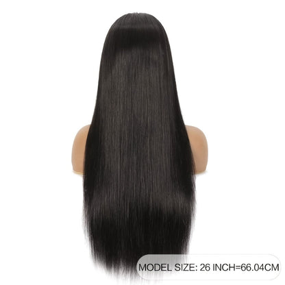 Synthetic Wig 26-Inch Black Straight Style with Full Bangs, Heat-Resistant Fiber and Machine Cap