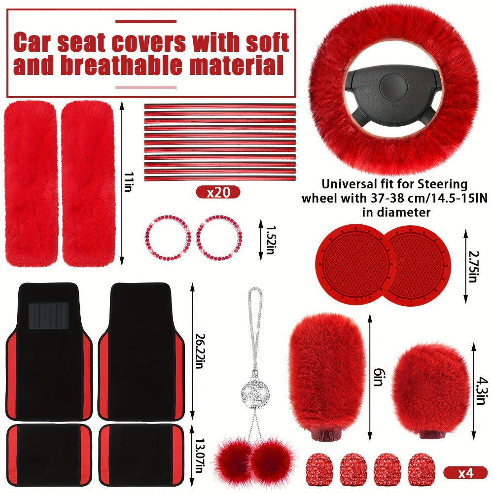 Car Seat Covers Full Set for Women Fluffy Steering Wheel Cover Seat Belt Pads Floor Mats AC Vent Strips Universal Fit Front Rear Seat Protector Interior Accessories Set Pink Purple Red Blue