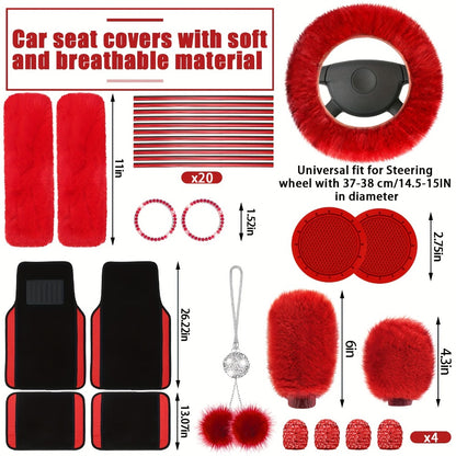 Car Seat Covers Full Set for Women Fluffy Steering Wheel Cover Seat Belt Pads Floor Mats AC Vent Strips Universal Fit Front Rear Seat Protector Interior Accessories Set Pink Purple Red Blue