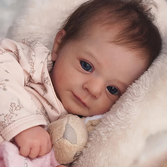 Reborn Baby Doll 16-Inch Cloth Body with Vinyl Limbs, Rooted Brown Hair, Open Eyes and Pink Outfit Set
