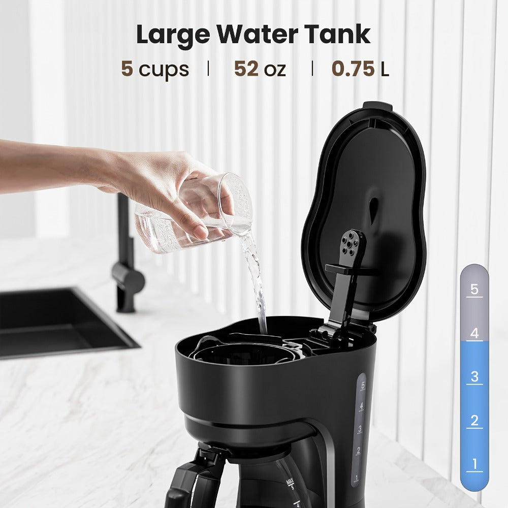 Five-Cup Programmable Drip Coffee Maker with 0.75 L Tank, LED Display and Two-Hour Keep-Warm Mode