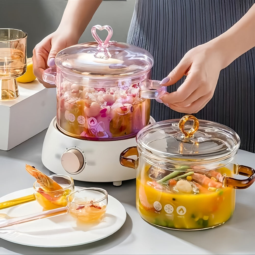 Glass Cooking Pot Cookware with 1500ml Capacity, Heart-Shaped Lid and Transparent Pink Body