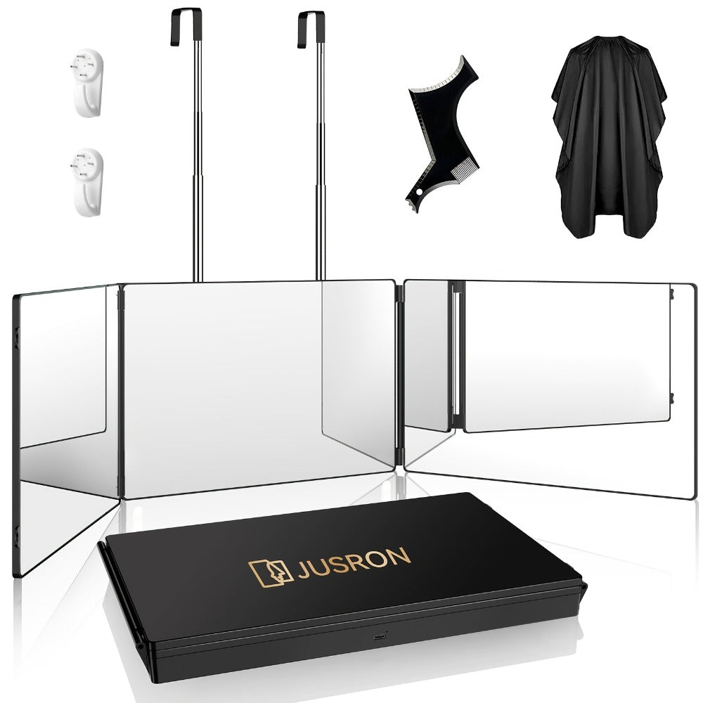 3-Way Self Haircut Mirror with LED Light & Accessories - 360° View Anti-Fog HD Glass, Height Adjustable Door Wall Table Mount