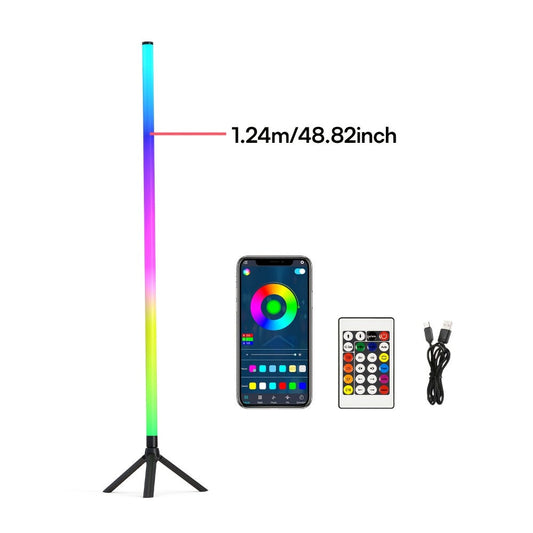 RGB Tube Floor Lamp 360° with Stand – App & 24-Key Remote Music Sync 16 Million Colors Dimmable Timer Mood Light for Bedroom Gaming Room DJ Studio Dance Club Party – 1/2 Pack