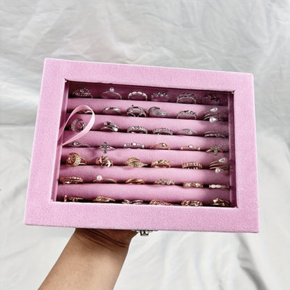 Jewelry Box with Locking Lid – 49-Ring Capacity Glass-Like Plastic Ring & Earring Organizer, Large Rectangular Storage Case, Waterproof Anti-Tarnish, 4 Colors, Holiday Gift