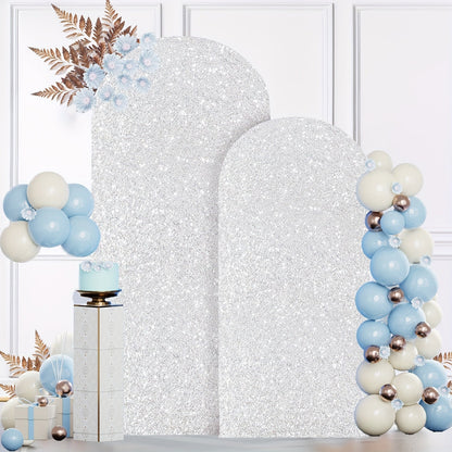 Glitter Sequin Wedding Arch Covers, Two-Piece 6 ft and 7.2 ft Spandex Backdrop Set in Eight Colors