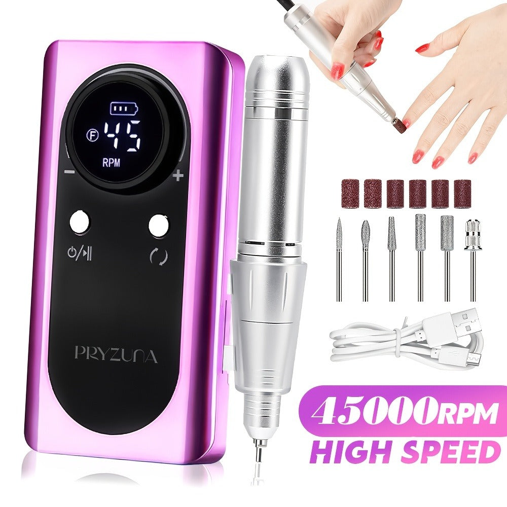 Nail Drill Machine 45000 RPM Brushless Motor 10-Hour Battery Electric Nail File with LCD Smart Screen 6 Drill Bits 6 Sanding Bands – Forward Reverse Low Noise Nail Grinder for Gel Acrylic Nails Home Salon