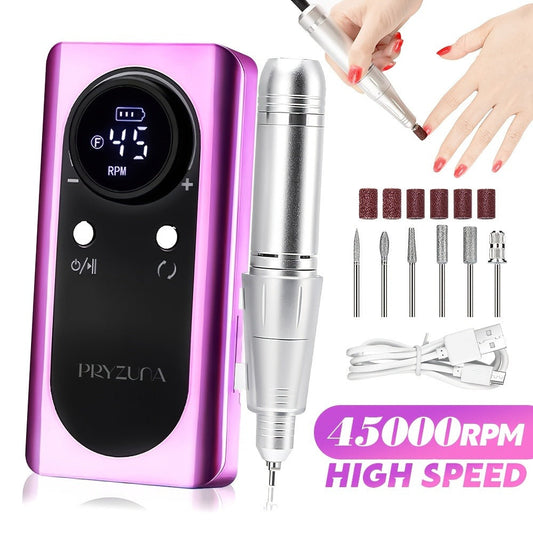 Electric Nail Drill 45000 RPM Brushless Kit with LCD Screen, 6 Bits, 6 Sanding Bands and Belt Clip