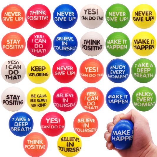 Inspirational Sponge Stress Balls 30 Pack 6.3cm – Motivational Slogan Hand Fitness Relaxation Balls for Classroom Rewards, Office Team Building, Party Events & Christmas Gifts
