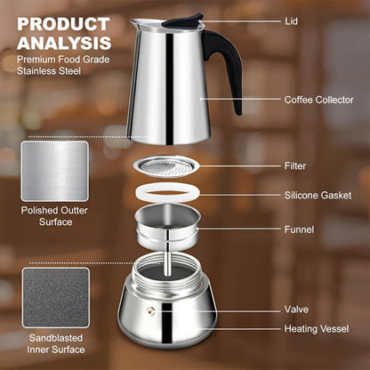 Straight-Sided Stovetop Moka Pot with Reusable Filter, Safety Valve and 2-, 4-, 6-, 9- or 12-Cup Options