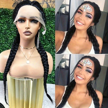 13x4 Braided Lace Front Wig for Women 26 Inch 250% Density — Synthetic Braid Wig with Baby Hair, Rainbow Colors Blue Pink Yellow 613 Black, Heat Resistant for Party Cosplay