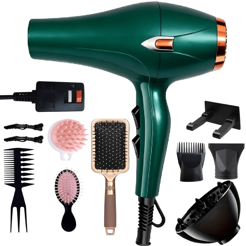 Brushless Motor Hair Dryer Set with Accessories - Professional Blow Dryer Kit Concentrator Nozzle Comb Clips 2 Modes 3 Speeds Ionic Anti-Frizz Home Salon Travel Black White Blue Green