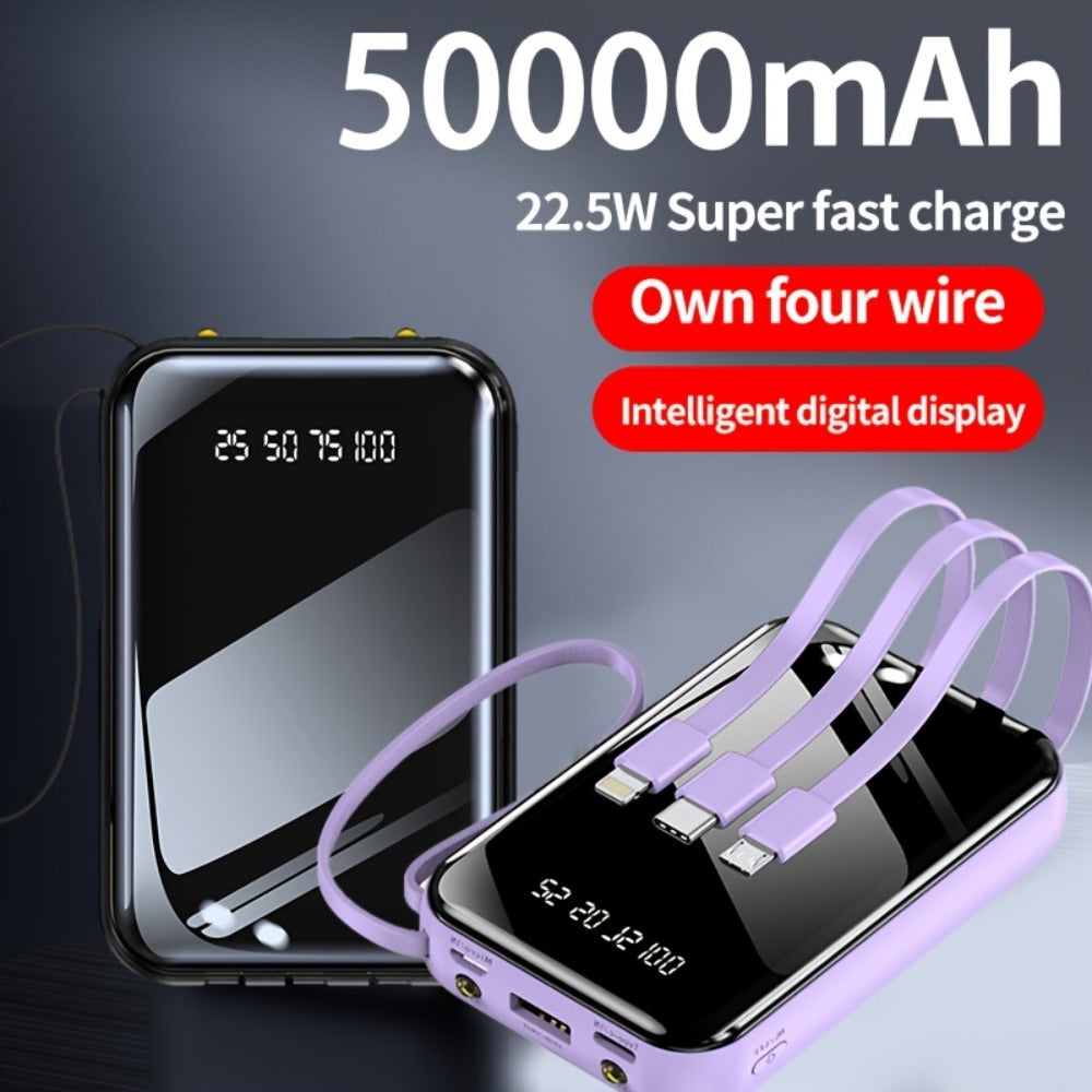 3-in-1 Built-in Cables Power Bank 50000mAh Portable Charger with Smart Digital Display Flashlight Apple Lightning Type-C USB Safe Lithium Battery Pack Outdoor Emergency Travel Gift