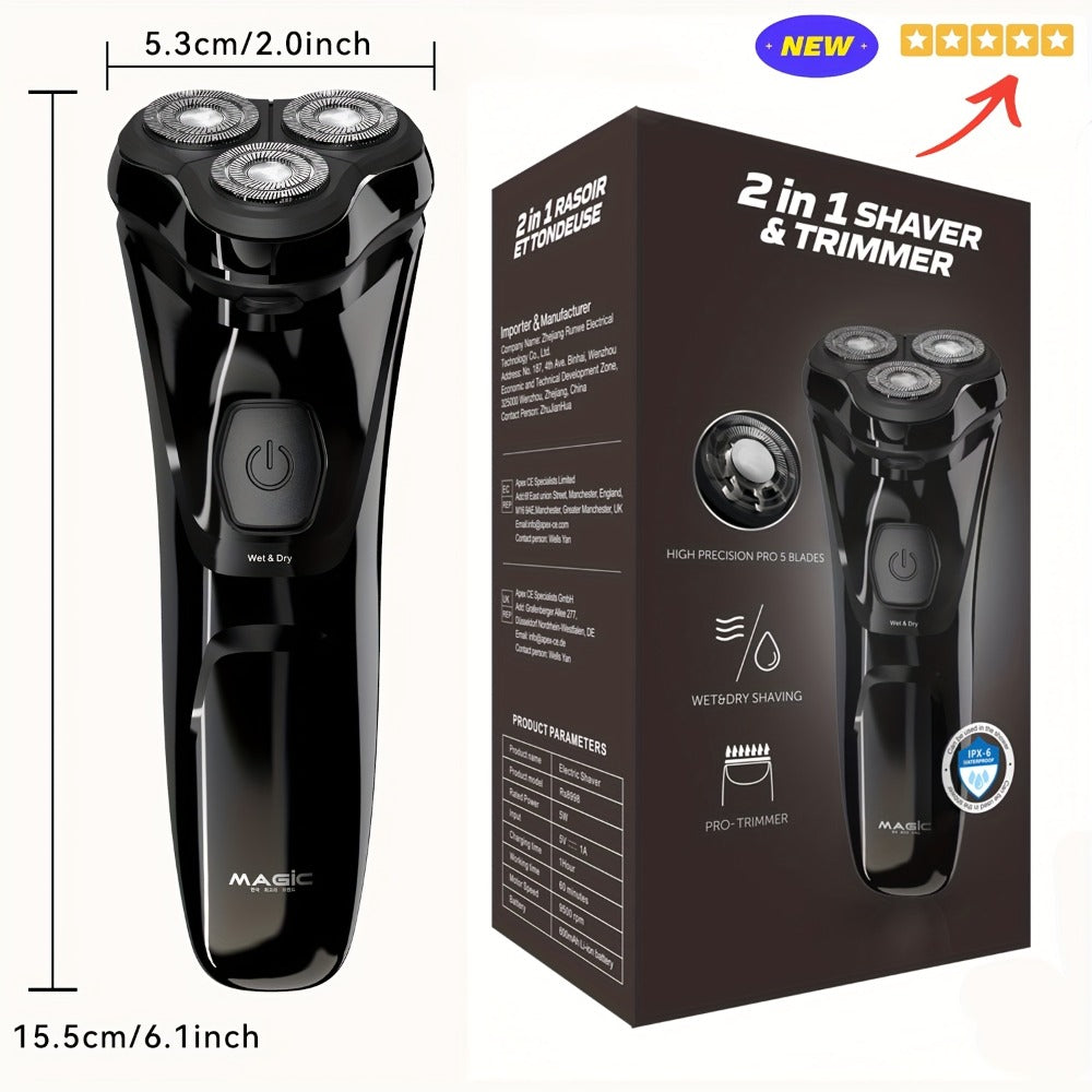 Three-Head Rotary Electric Shaver with Pop-Up Trimmer in Gunmetal or Blue Fade, ABS and Stainless Steel