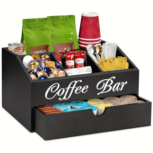 Coffee Bar Station Kitchen Organizer Wood Countertop Rack with Five Compartments and One Drawer