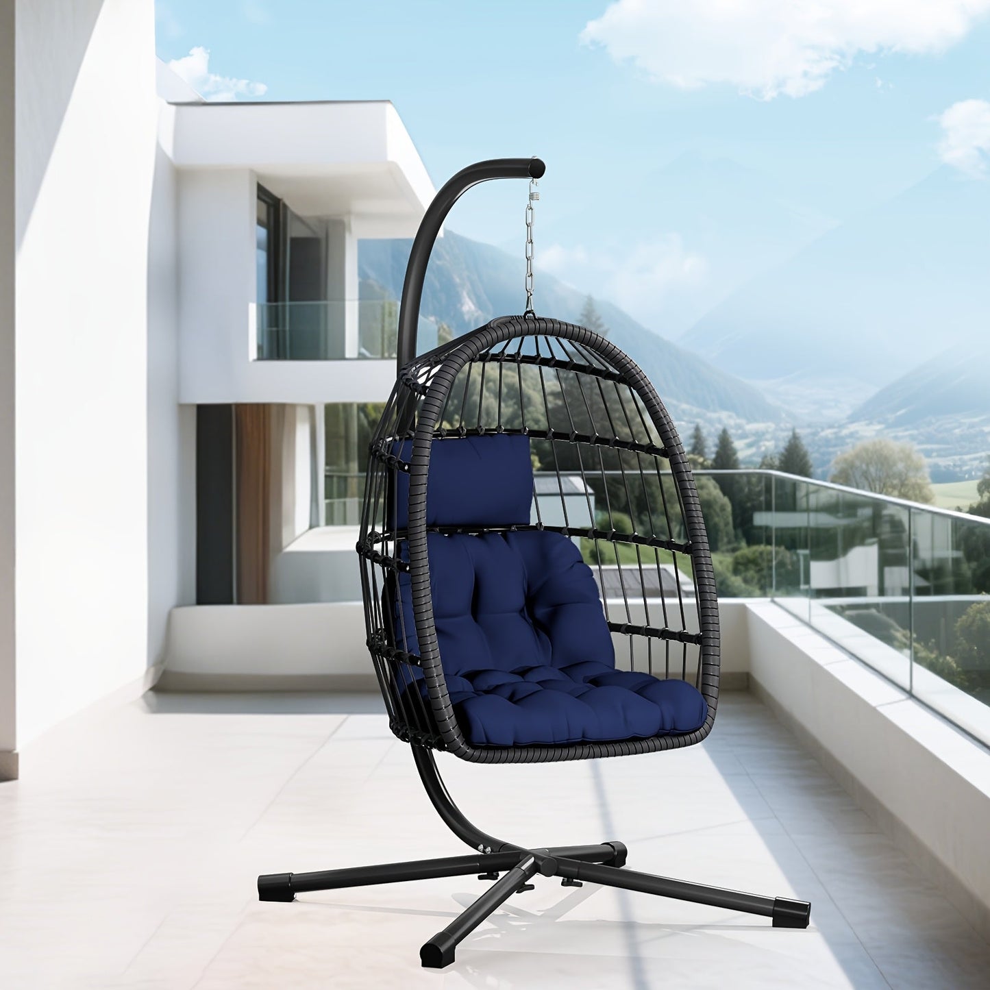 Rattan Wicker Hanging Egg Chair with Stand, Aluminum Frame and 11 Cushion and Size Options