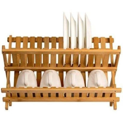 Two-Tier Collapsible Wood-Tone Dish Drying Rack with Fourteen Plate Slots and Folding Countertop Design
