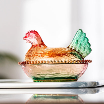 Chicken Shaped Glass Storage Jar with Lid Decorative Pearl Hen Candy Jar Reusable Desktop Organizer for Candy Fruit Snacks Kitchen Counter Home Decor Gift