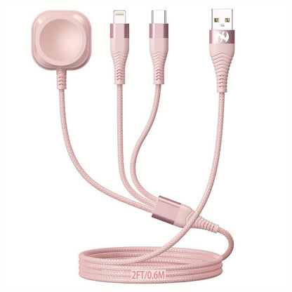 24-Inch Pink Braided Charging Cable with USB-A Input, Lightning, USB-C and Magnetic Watch Pad
