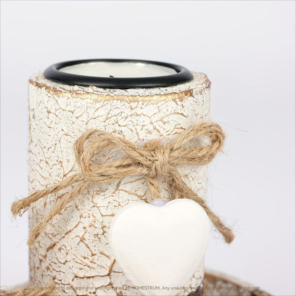Wooden Candle Holder Set of 4 – Love Heart Tray, Tea Light Holder, Knot Bow Decoration & Decorative Stone Bowl for Home Decor, Valentine's Day, Christmas & Easter Gift