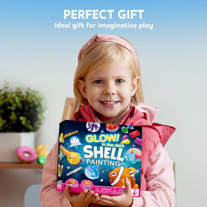 Seashell Painting Craft Kit with 12 Shell Forms, Glow-Labeled Paints, Brushes, Gems and Stickers
