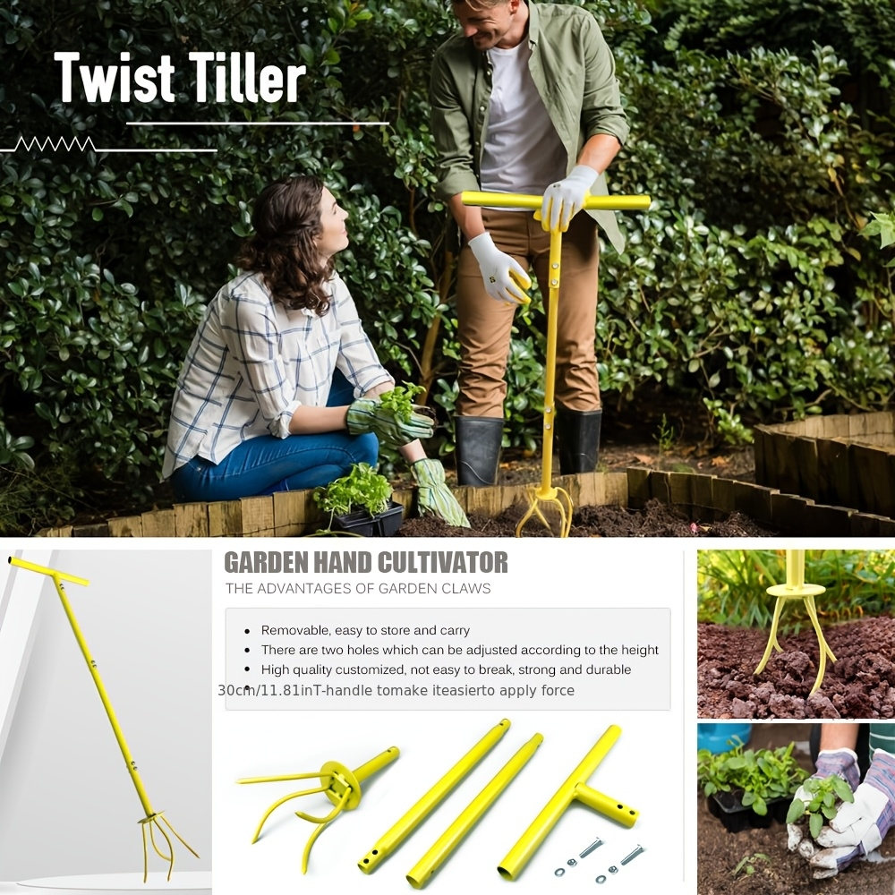 Manual Twist Tiller with Four Curved Soil Claws, Three-Section T-Handle and Yellow or Orange Options