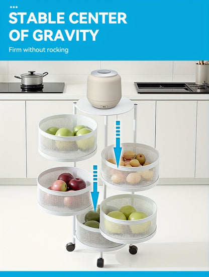 Round-Basket Rolling Storage Rack with Four or Five Mesh Levels, Caster Base and Black or White Finish