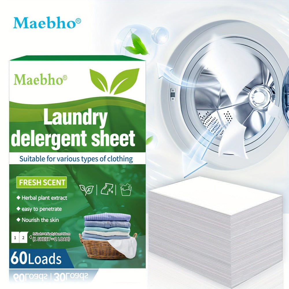 Maebho Fresh Scent Laundry Detergent Sheets, Single Flat-Sheet Box Clearly Labeled for 60 Loads