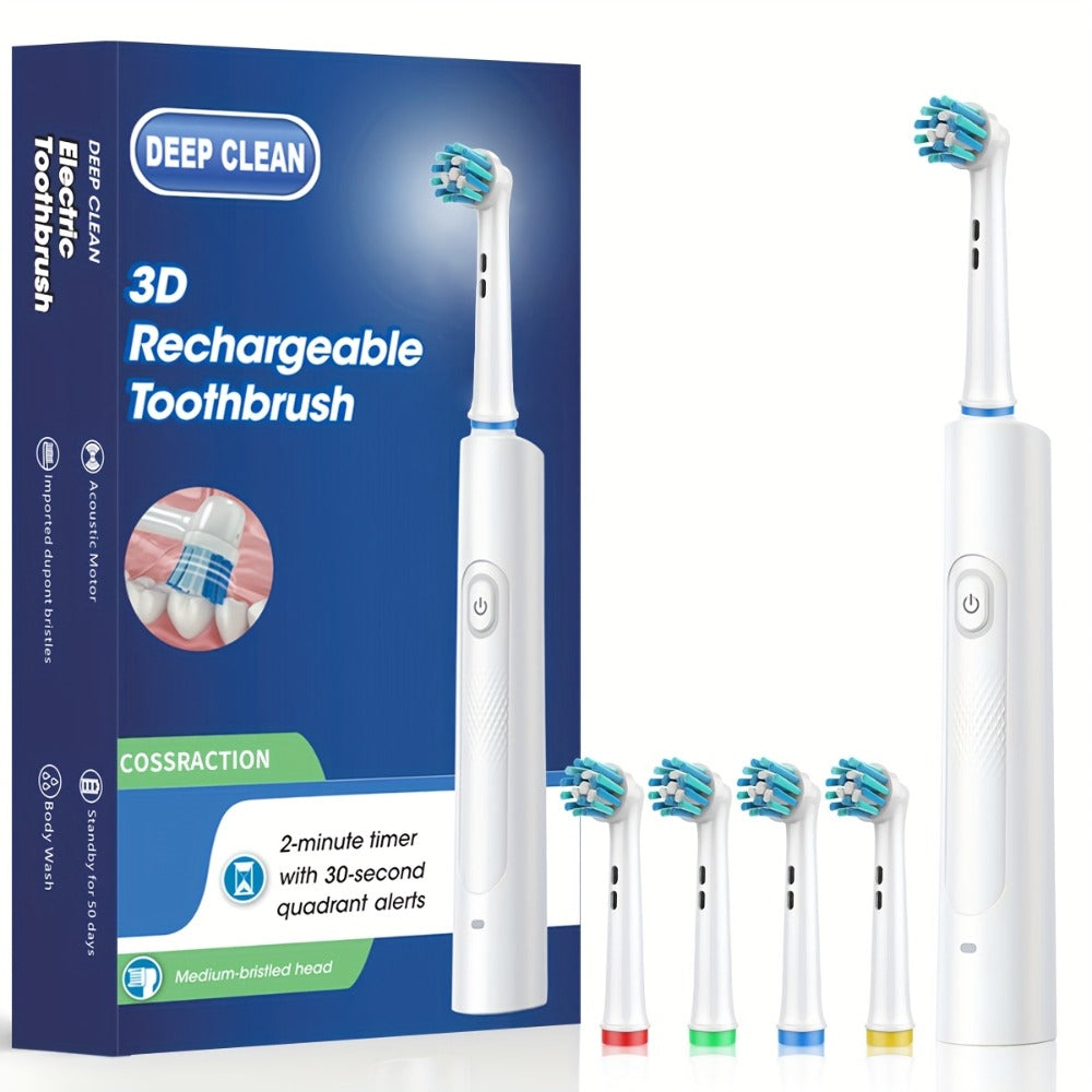 Electric Toothbrush with Round Brush Heads, IP67 Rating, Smart Timer and Six Color and Head-Count Bundles
