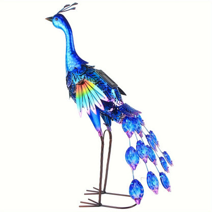 Solar Peacock Garden Statue with Blue Metal-Look Body, Hollow Feather Panels and Flickering Tail LEDs