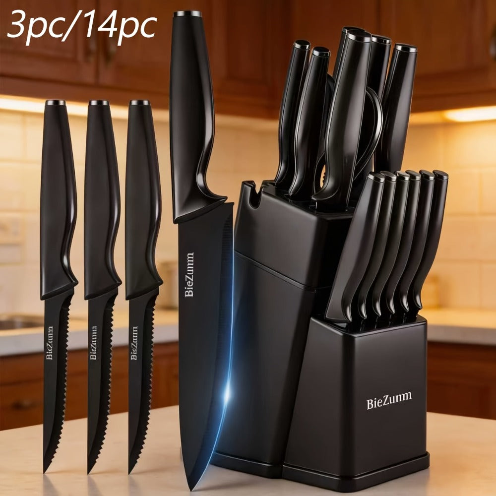 Black Kitchen Knife Set with Three-Piece or 14-Piece Options, Storage Block and Scissors on Larger Package