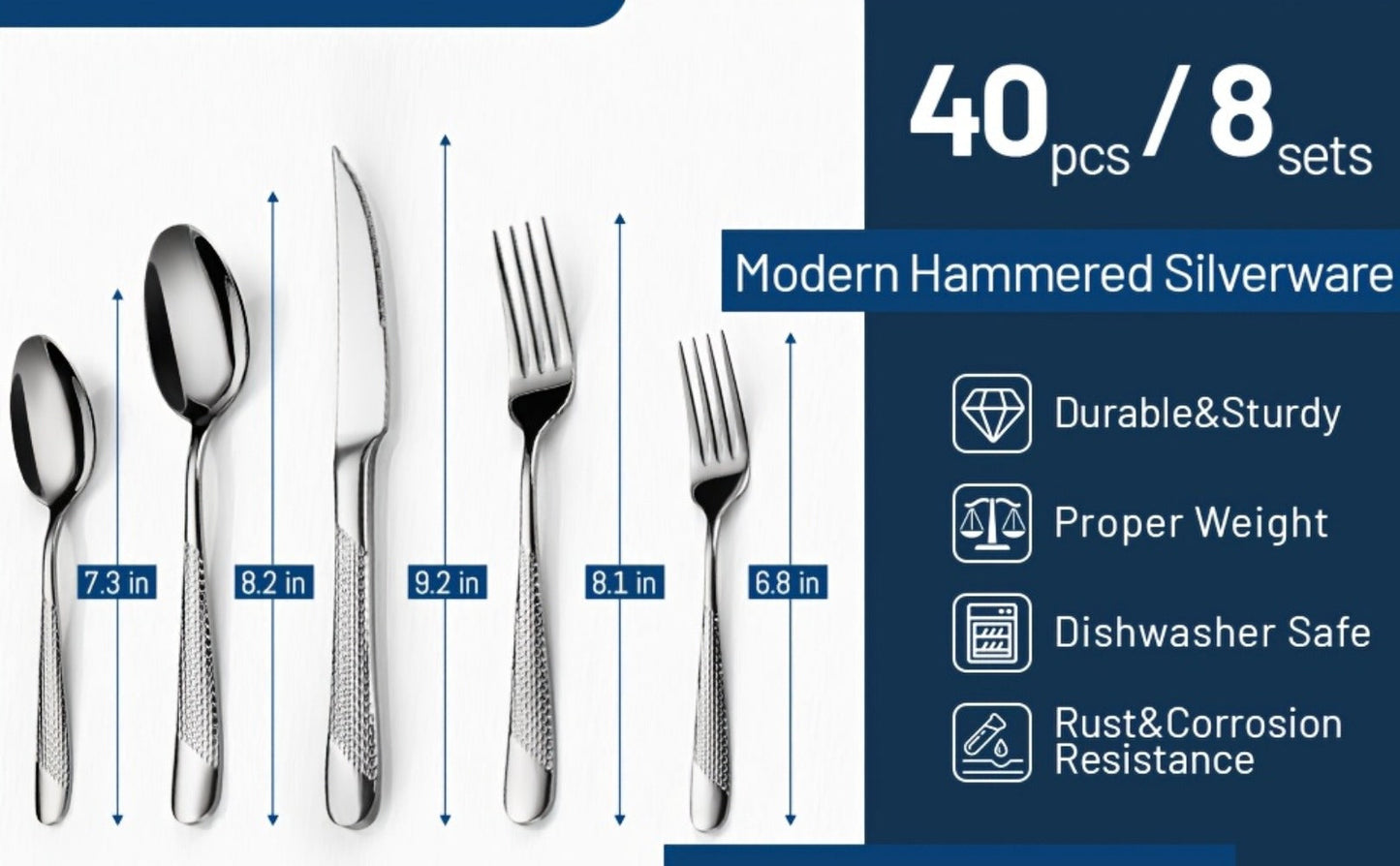 Stainless Steel Flatware Set 40/48 Piece – 304 Silverware Set for 8 Hammered Mirror Polished Rose Gold Cutlery with 2-in-1 Serrated Knife Dishwasher Safe Modern Utensils for Home Restaurant Wedding