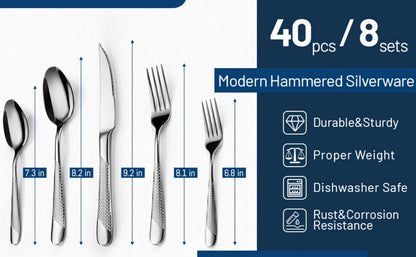 Stainless Steel Flatware Set 40/48 Piece – 304 Silverware Set for 8 Hammered Mirror Polished Rose Gold Cutlery with 2-in-1 Serrated Knife Dishwasher Safe Modern Utensils for Home Restaurant Wedding