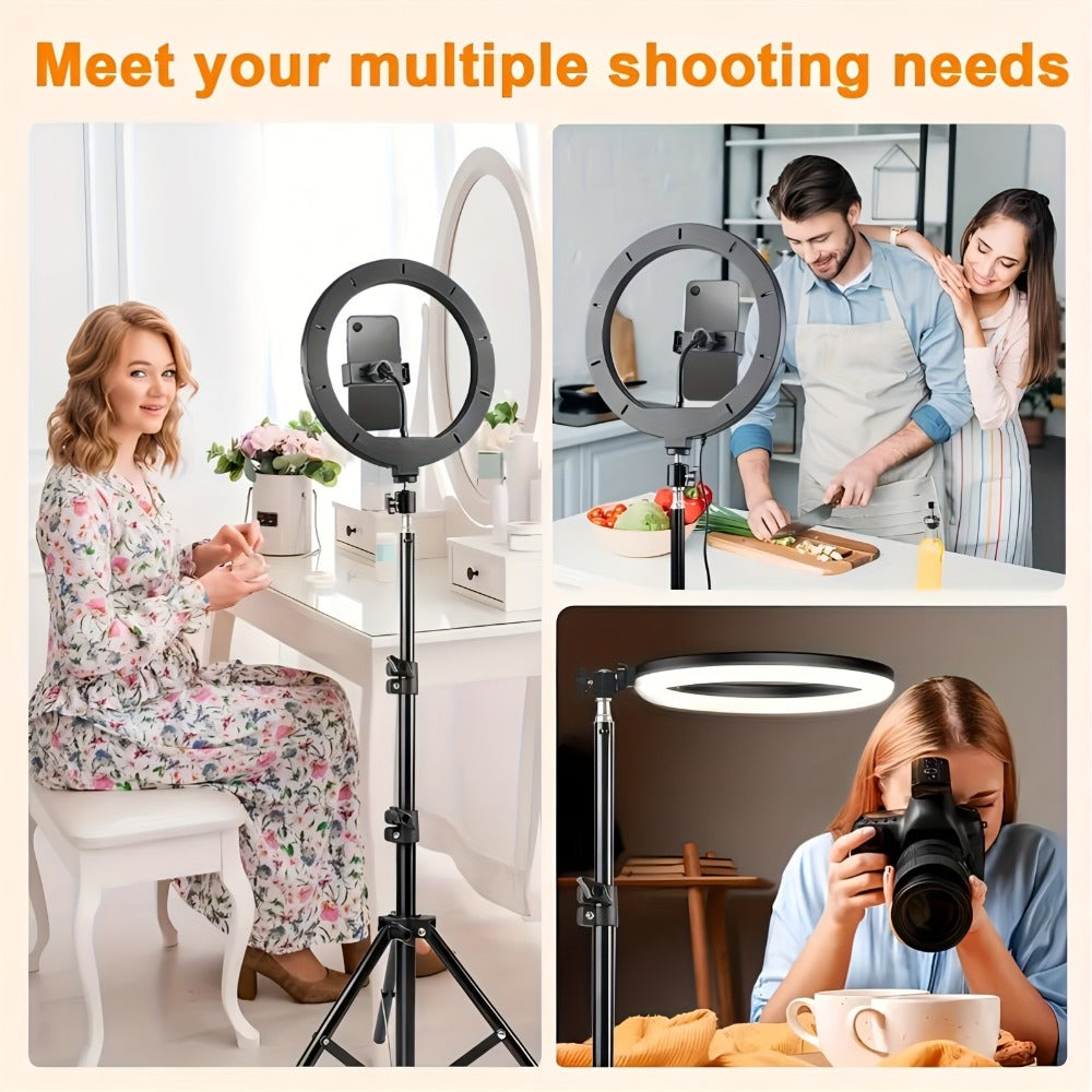 LED Ring Light 10/12 Inch with Tripod Stand & Phone Holder – 3 Color Modes, 12 Brightness Levels, USB Powered Selfie Light for Makeup, Photography, Video & Streaming