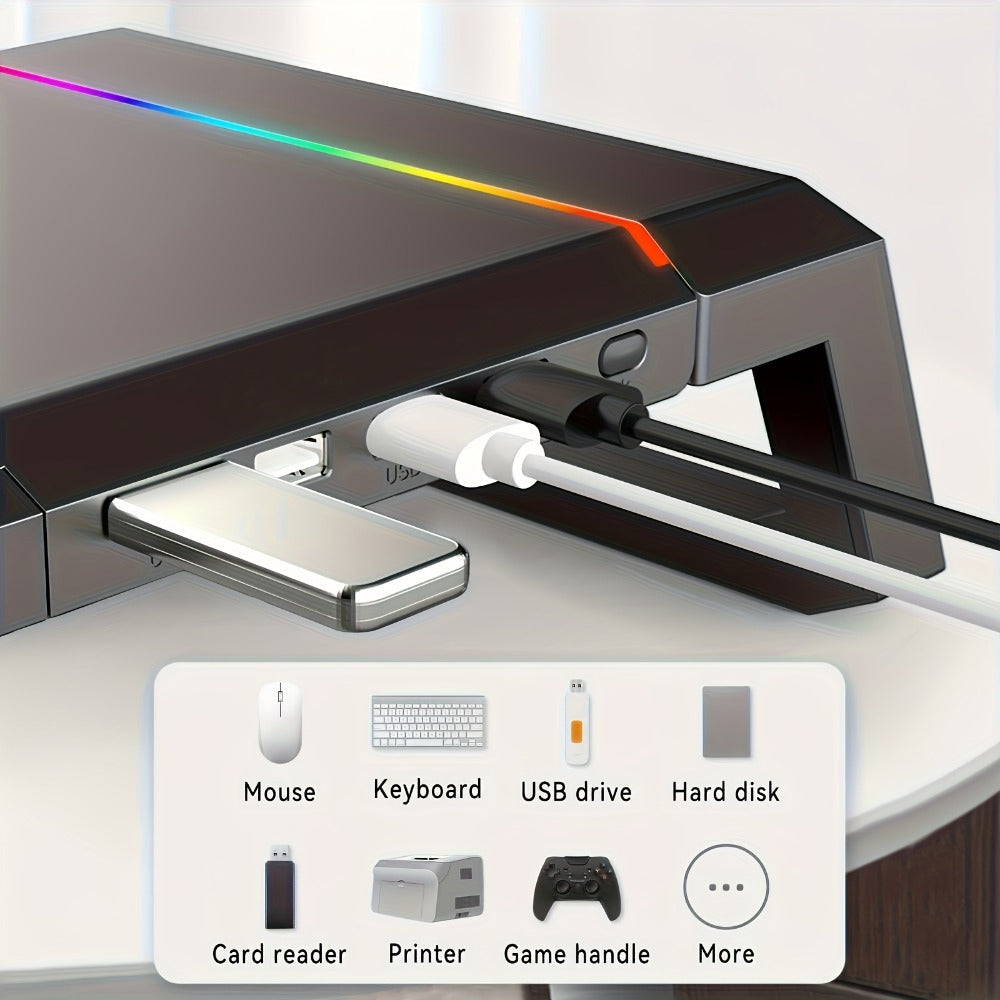 ICE COOREL Monitor Stand Foldable Height Adjustable with Storage Drawer, RGB Lighting & 4 USB Ports, Desk Organizer Riser for Desktop Laptop Tablet Smartphone, Home Office Gaming Setup