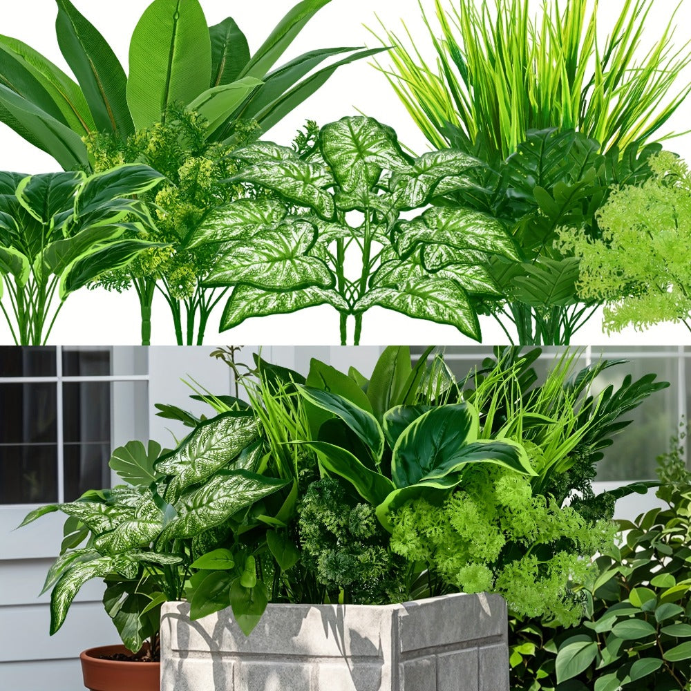 Artificial Boxwood and Greenery Stems, 18-Piece Mixed Set in 11.8 to 17.7-Inch Heights without Planter