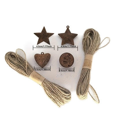 62-Piece Rustic Christmas Bell and Star Craft Set with Heart Shapes and Two 10 m Rope Rolls