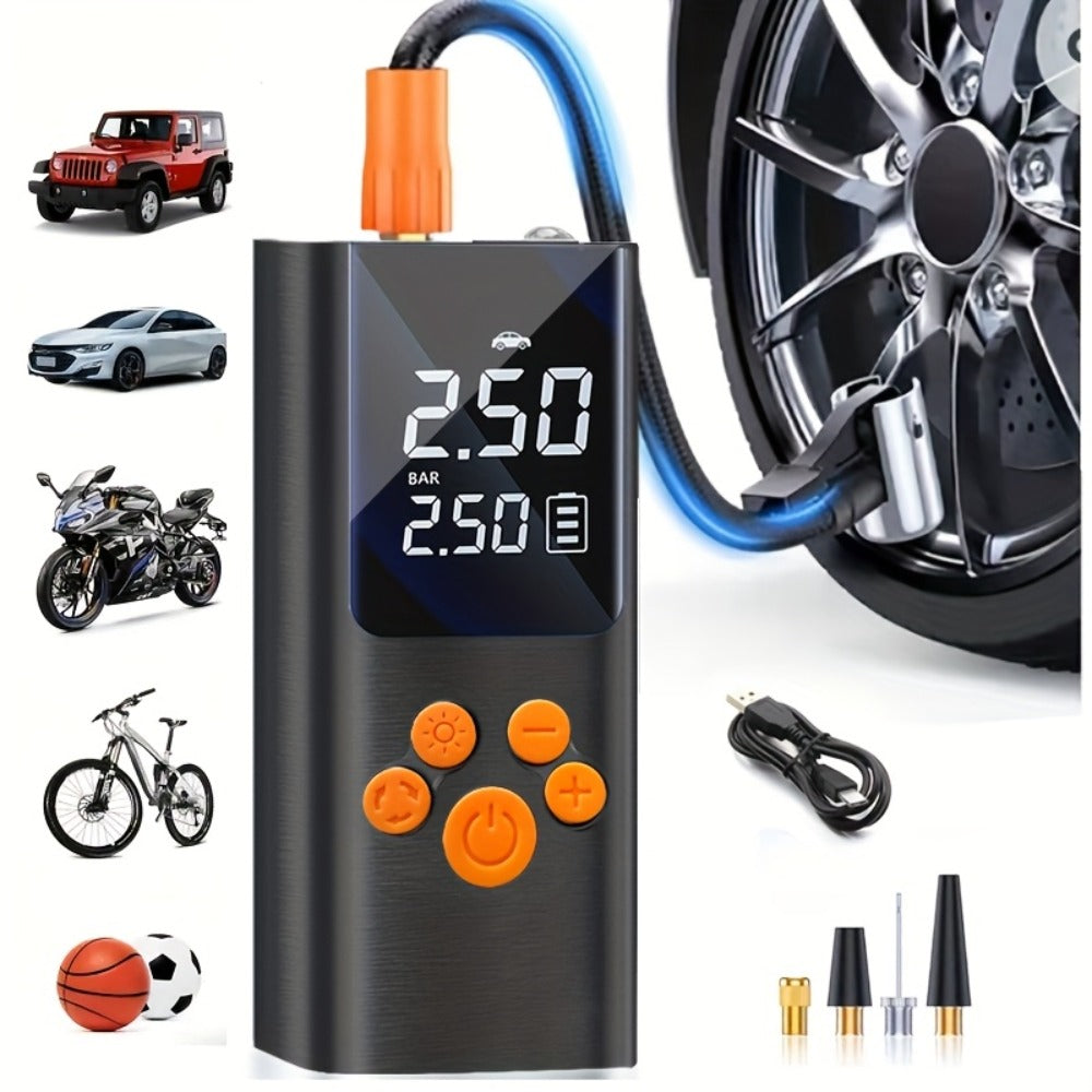 Cordless Tire Inflator Portable USB Rechargeable – Digital Gauge & LED Light, Fast Air Compressor with Auto Shutoff for Car, Bike, Motorcycle & Sports Equipment, Emergency Flat Tire Pump