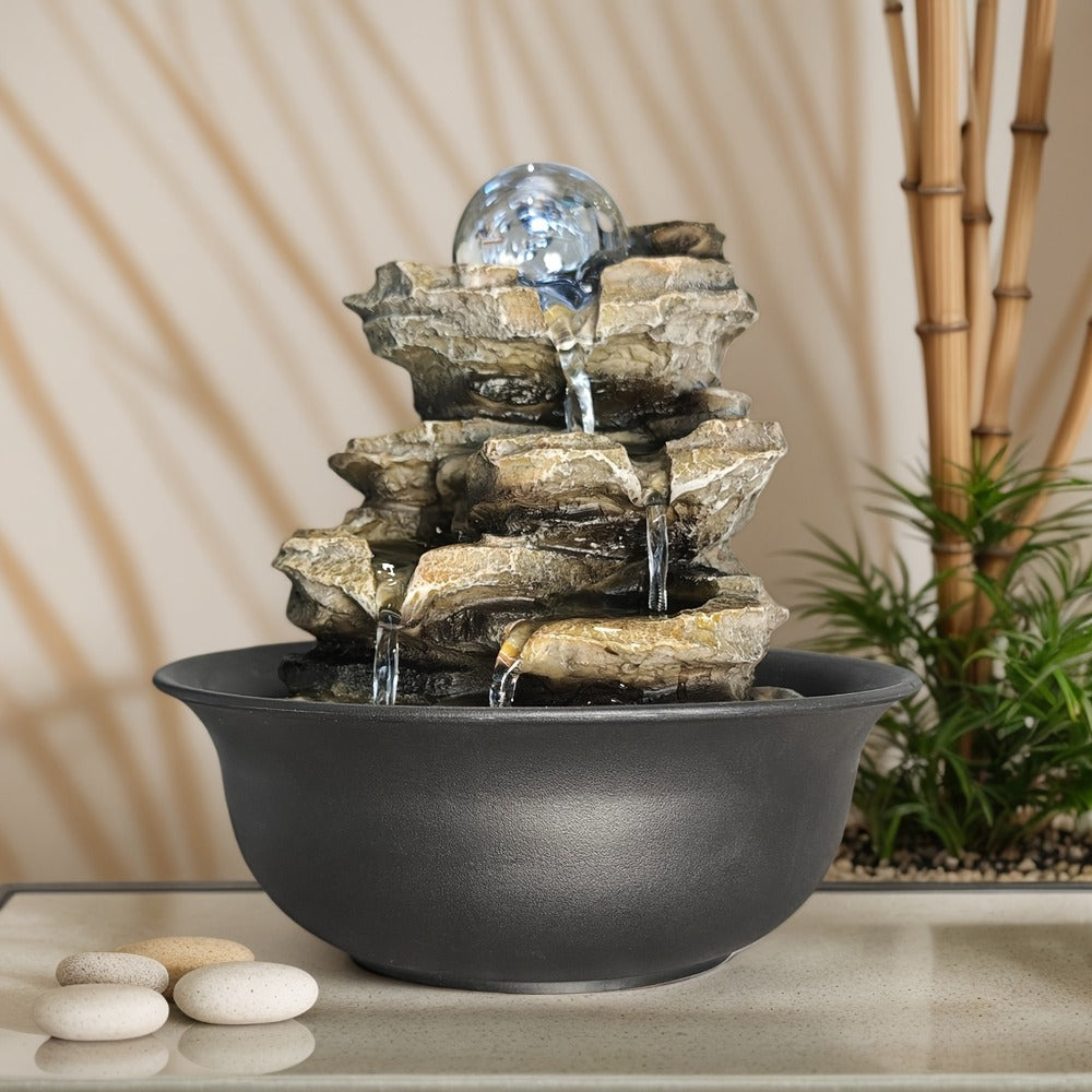 Indoor Tabletop Fountain with LED Light, Rolling Crystal-Look Sphere and 8.3 x 7.9 x 7.9-Inch Stone-Look Waterfall Form