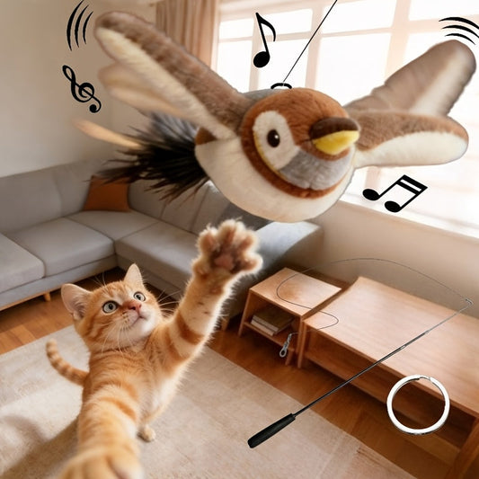 Flying Sparrow Cat Toy with Flapping Wings & Chirping Sound - USB Rechargeable Plush Bird Cat Toy, Touch-Start Interactive Feather Toy for Indoor Cats, Realistic Bird Motion & Calls