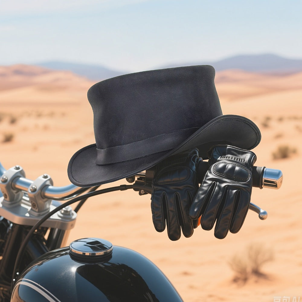 Black Steampunk Top Hat with Shapeable Wide Brim, Chin Cord and Six Source Sizes from S to 3XL