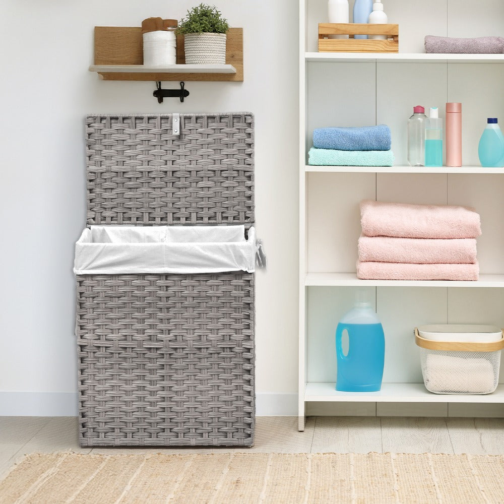 Woven Laundry Hamper with Hinged Lid, Removable Fabric Liner and Side Handles in Two Sizes and Brown or Gray