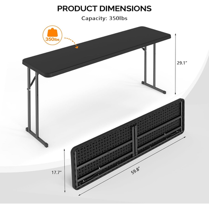 Narrow White 6-Foot Portable Folding Table with Rectangular Top and Folding Gray Leg Frame