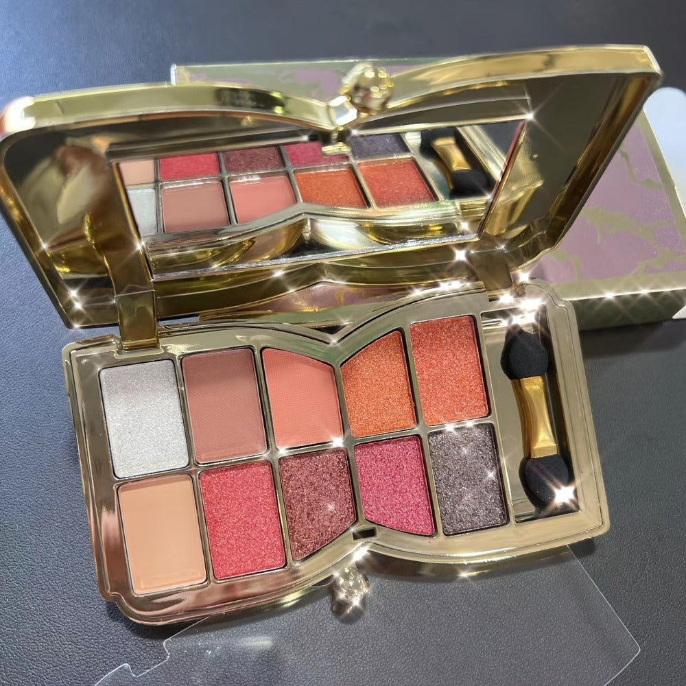 Eyeshadow Palette 10-Shade Gold Bow Compact with Mirror, Dual-Ended Applicator and Three Color Options