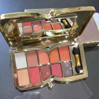 Eyeshadow Palette 10-Shade Gold Bow Compact with Mirror, Dual-Ended Applicator and Three Color Options