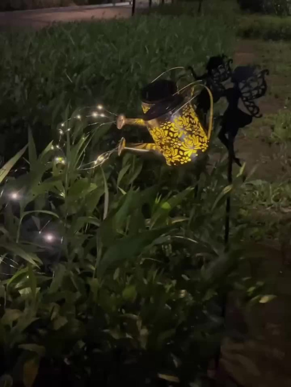 Solar Garden Light Watering Can Stake with 36 LED Waterfall Strands, IP65 Rating and Two Light Options