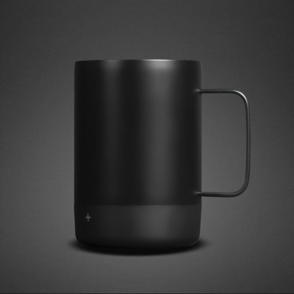 Black Powered Coffee Mug with Handle, Clear Lid, Bottom Display and USB-C Charging, 12-Ounce Label