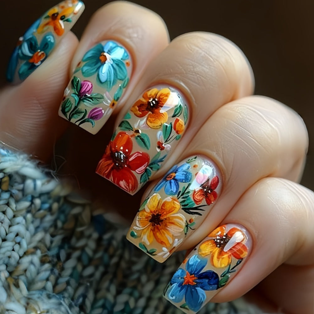Press On Nails 120-Piece Medium Square Set with Glossy Floral and Striped Designs in Five Packs