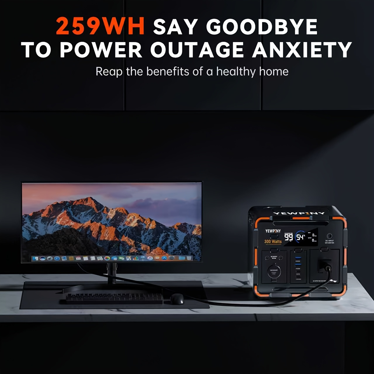 Portable Power Station 259Wh 300W or 599Wh 600W with AC, DC, USB, LiFePO4 Cell Pack and LED Light