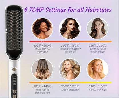 Ionic Hair Straightener Brush Anti-Scald – Precise Temperature Control Auto Shut-Off Straightening Comb Flat Iron for Women All Hair Types – Rose Gold, Black, Gift for Her